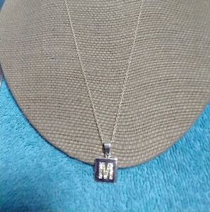 M initial crystal square necklace silvertone vintage
